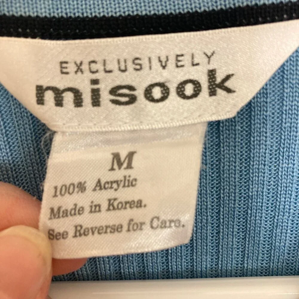 Exclusively Misook Womens M Blue Ribbed Long Cardigan Sweater Acrylic Flawed - Picture 3 of 11